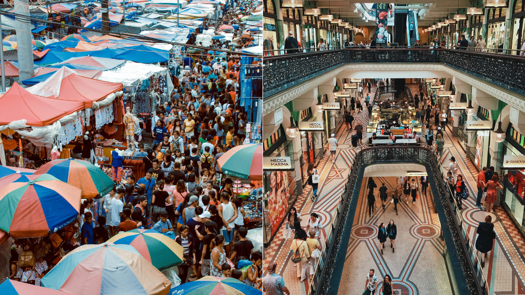 crowded local street shopping vs people shopping in mall