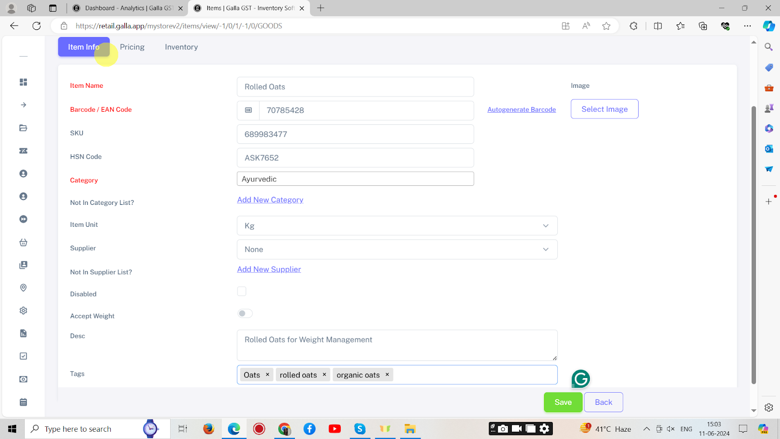 5. Fill in the ‘item info’ details on the page shown below. The field label highlighted in RED is mandatory.