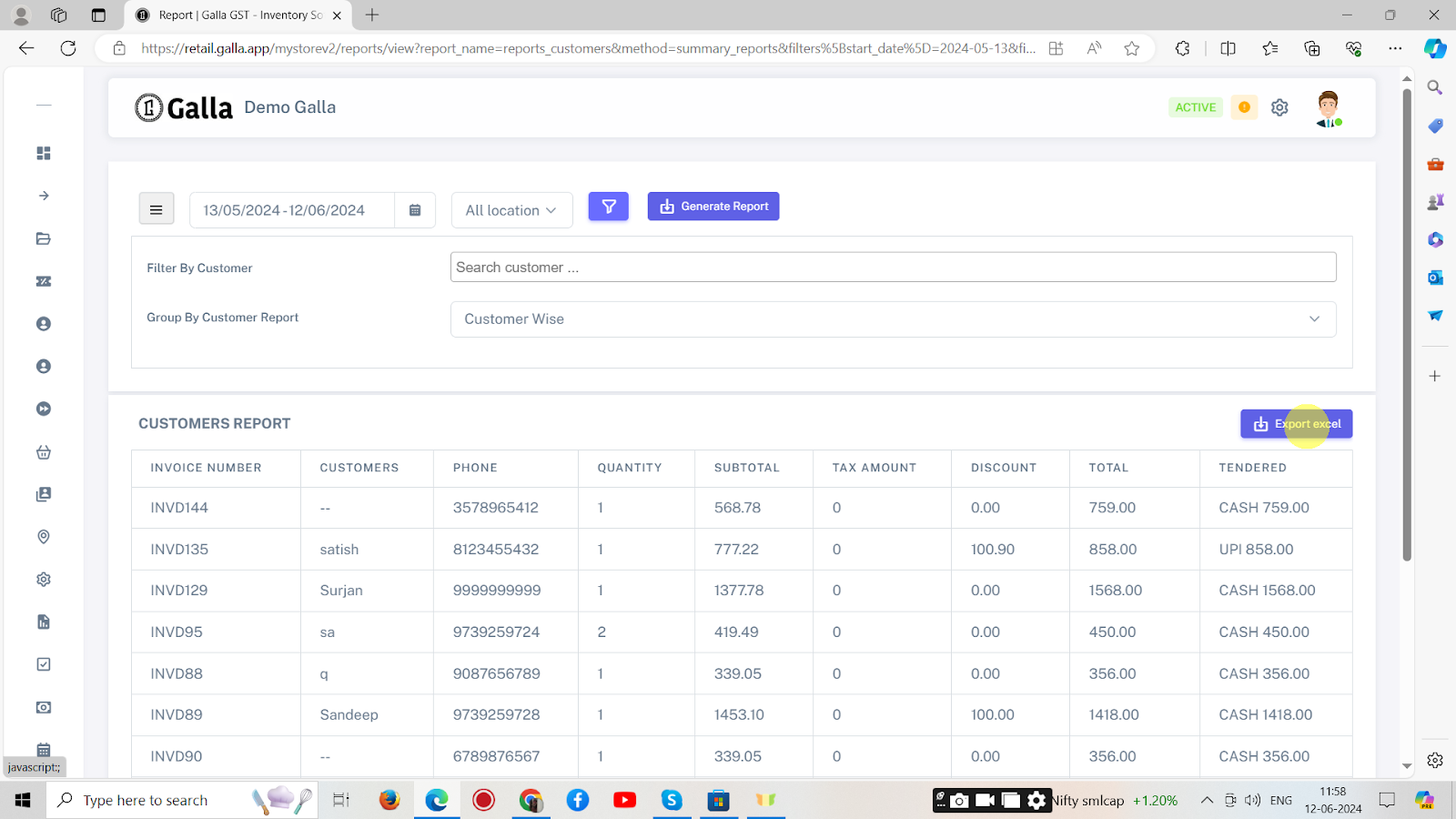 7. Lastly, export the generated report as an Excel sheet to your email address.  For this, click on ‘export excel’.