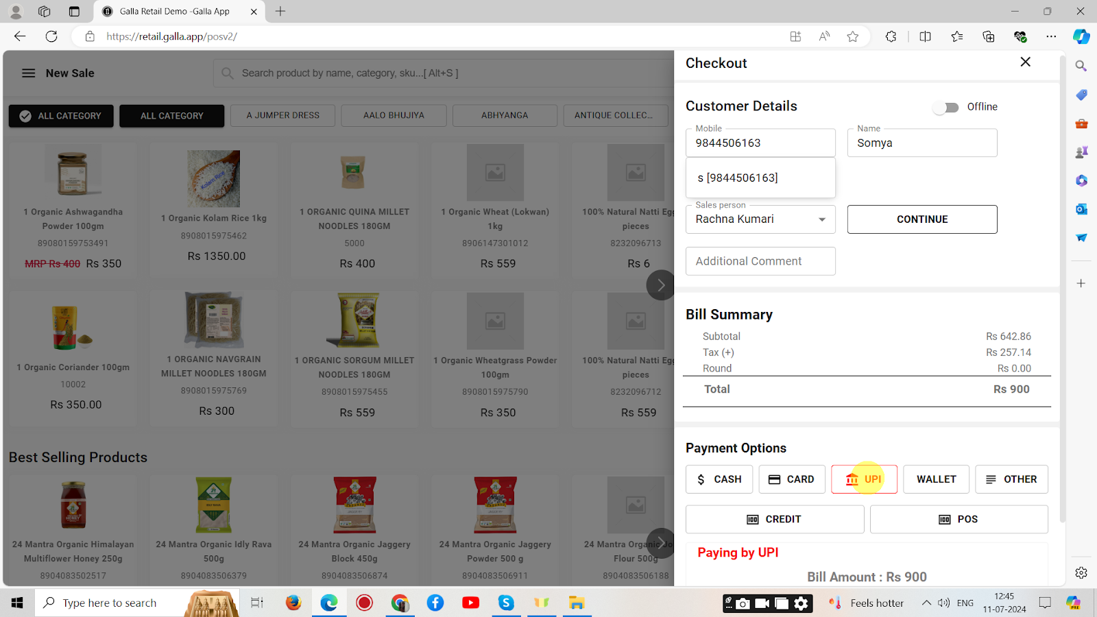 On clicking on checkout, the page shown below will appear.  Fill in the customer details like name, phone number, etc., and select any payment mode - Cash, Card, UPI, Wallet, Other.