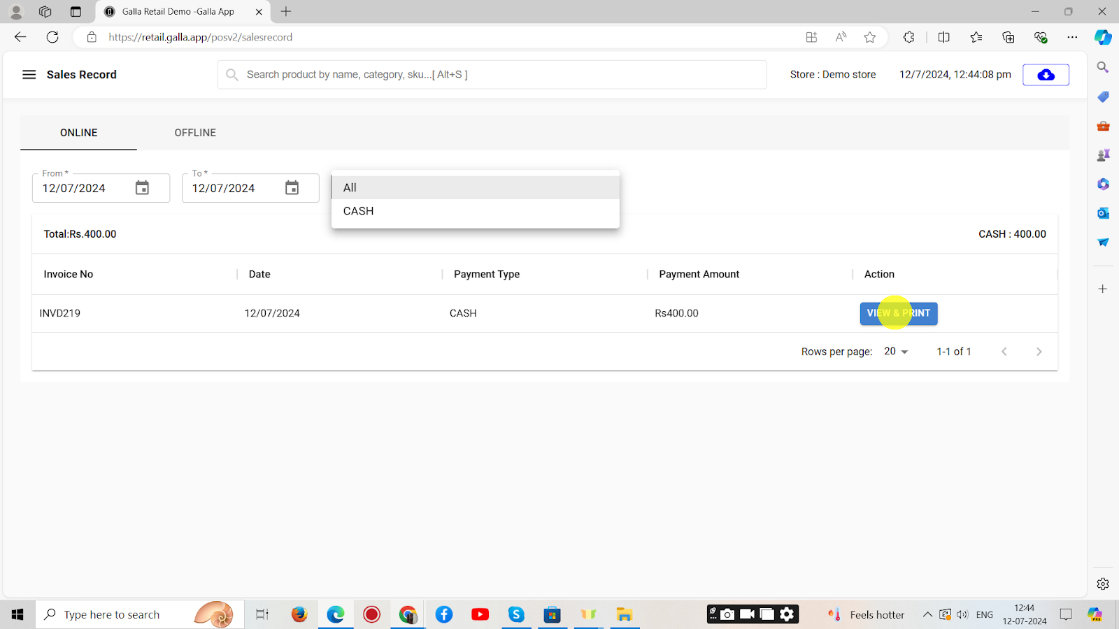 The page shown below will appear. Select the mode - online or offline. Now select the date range by clicking on the calendar. Select the transaction type (all, cash), and click on View and Print.