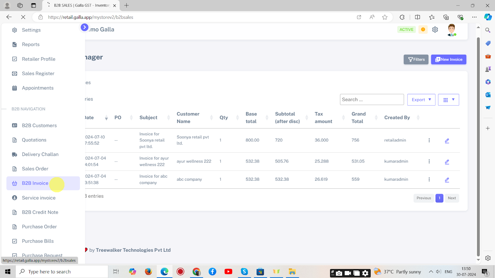 In the Admin Galla app, click on B2B invoice in the B2B navigation.