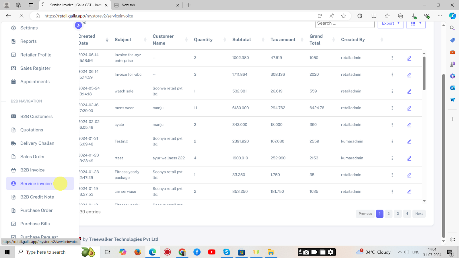 In the Admin Galla app, click on Service Invoice in the B2B navigation.