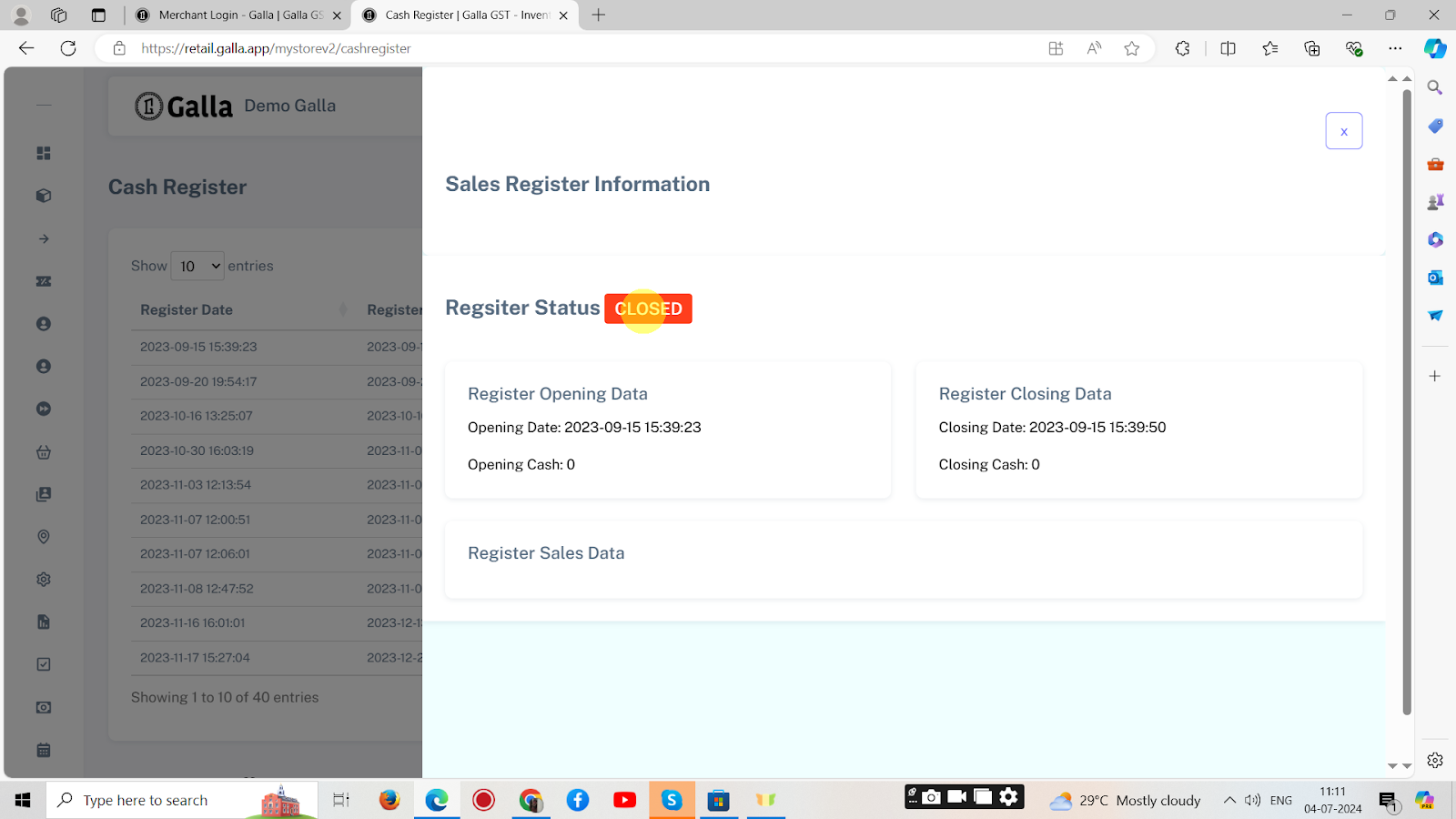 The page with sales register information will display. If the sales register is closed, it will show its status as closed. However, if the sales register is open, it will show its status as open.