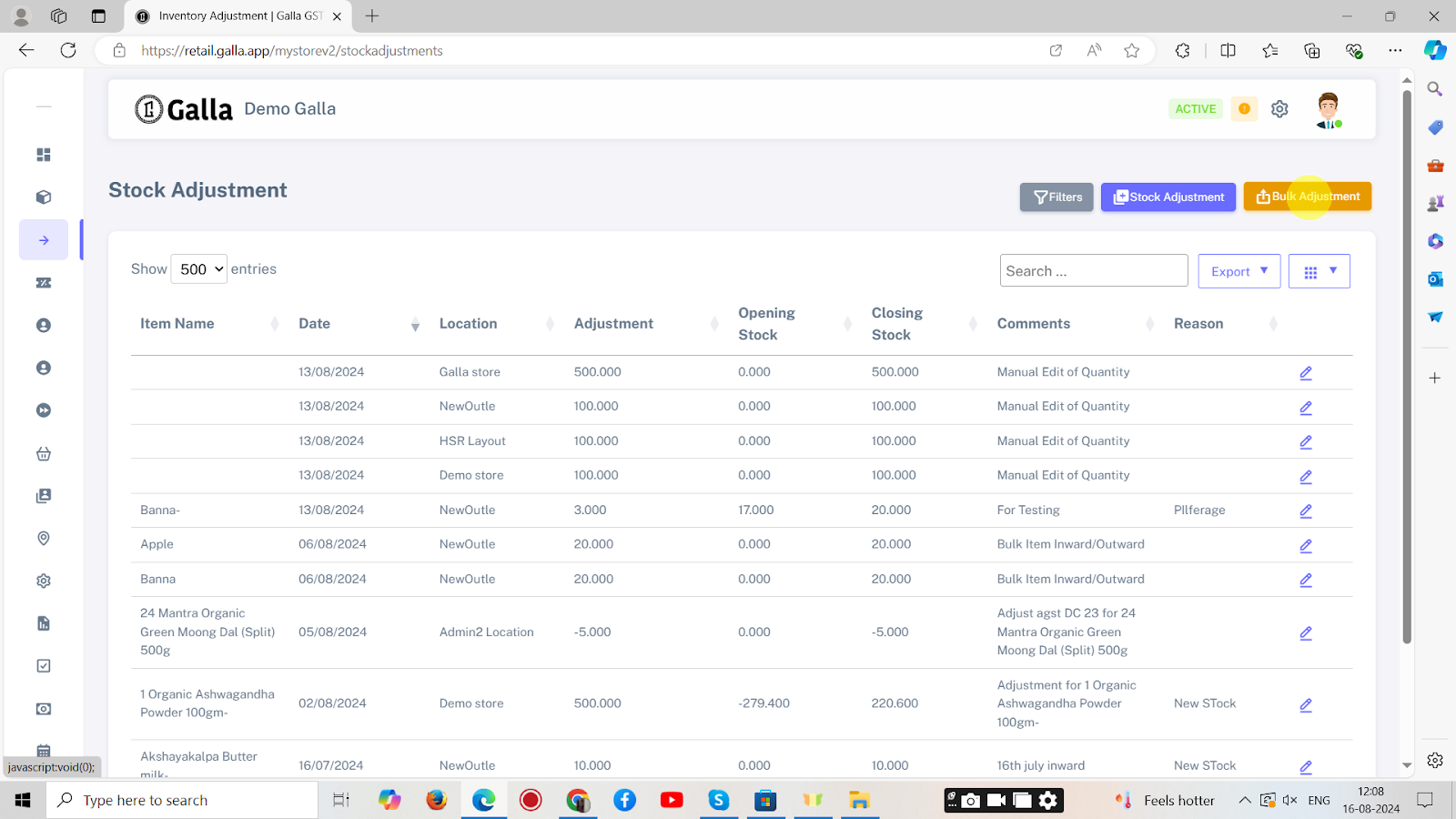 To adjust stock in bulk, click on Bulk Adjustment.