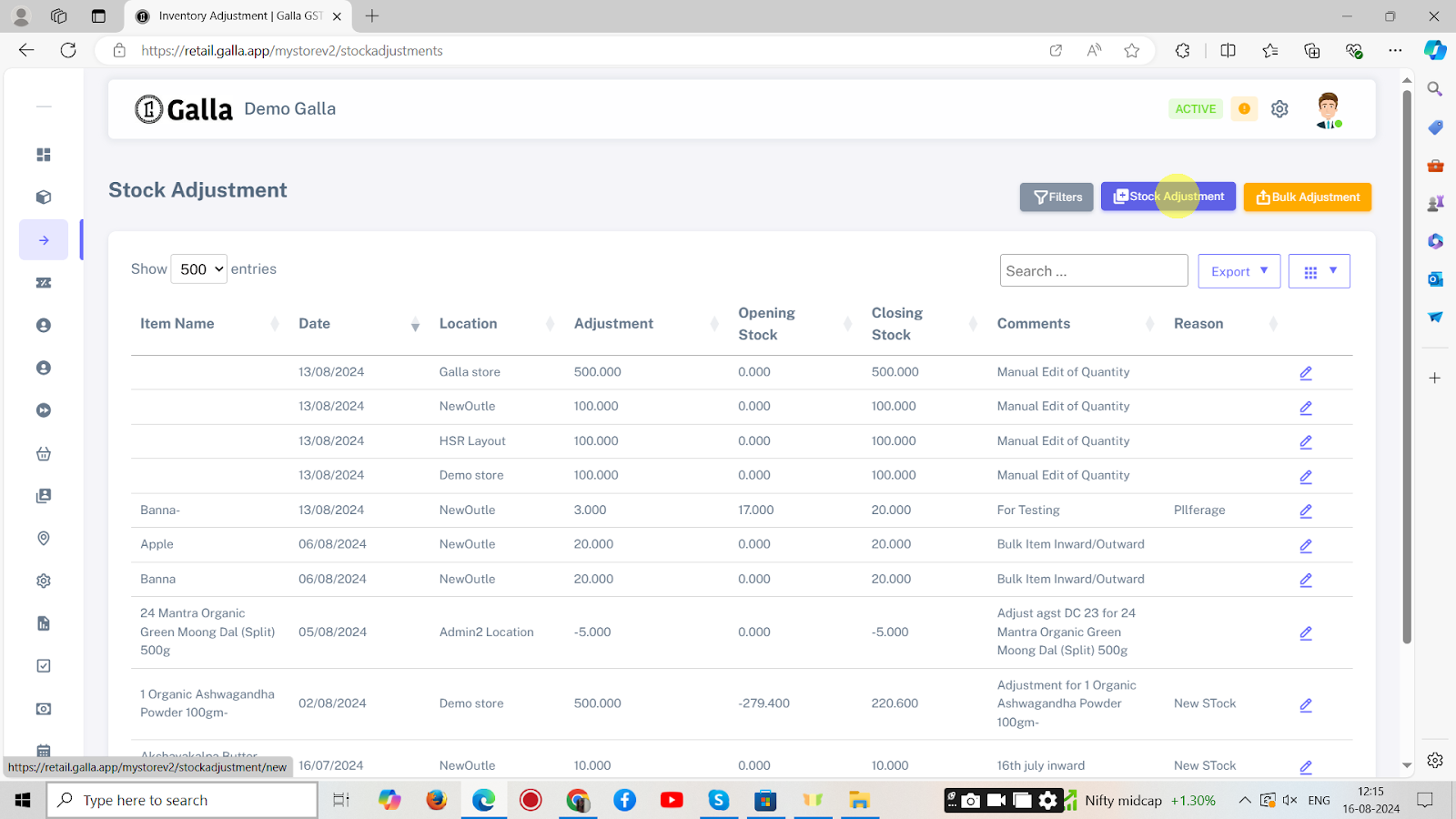 To adjust stock one by one, click on stock adjustment.