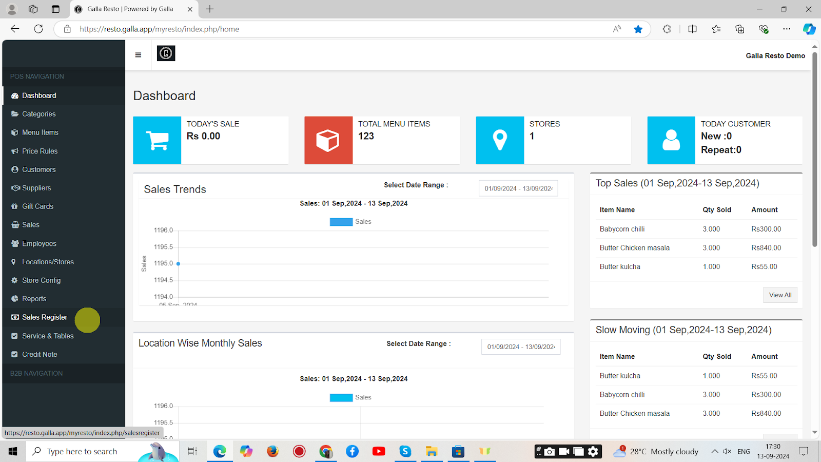 In the restaurant galla app, click on Sales Register.