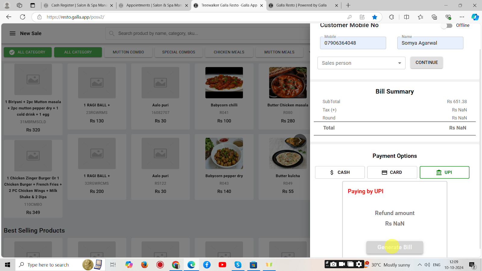 Select the mode of payment (cash/card/UPI) as chosen by the customer and click on checkout. Fill in the customer details like name, phone number, etc, and click on generate bill.